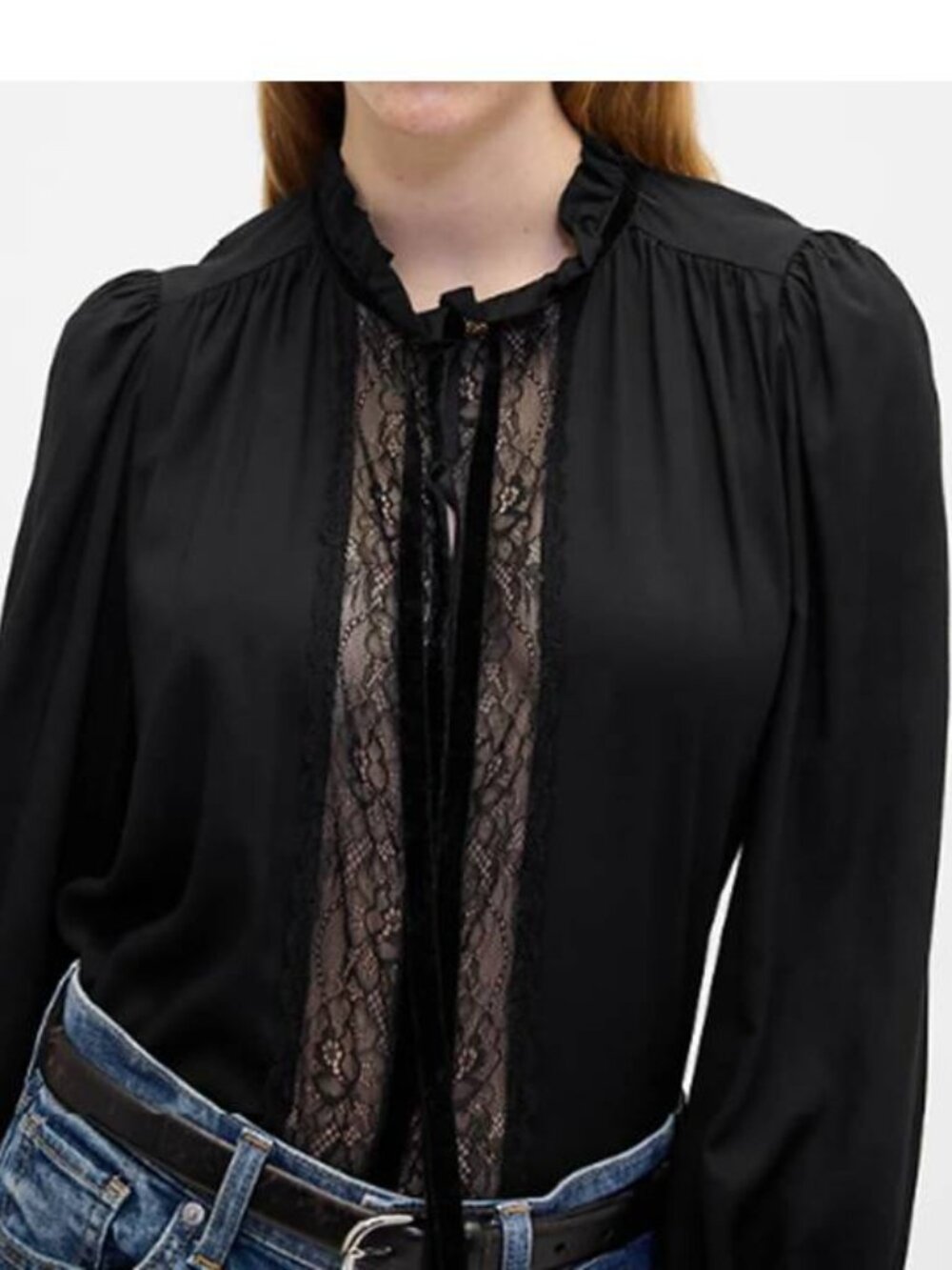 GAP Women's Relaxed Ruffle Top Lace Front Whimsy Black Button Front Fairy Grunge